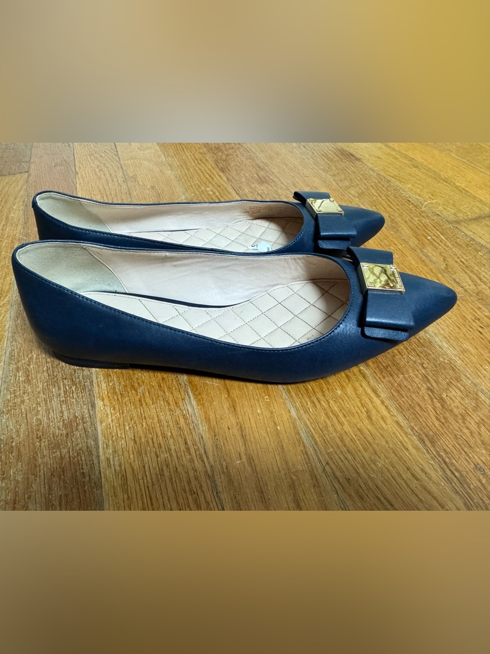 Cole Haan Navy Pointed-Toe Ballet Flats with Bow and Gold Accent